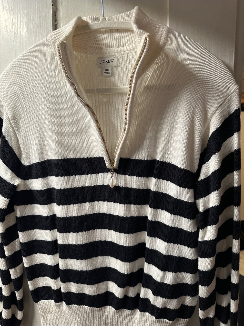J. Crew Women’s Cream and Black Striped Zip Pullover